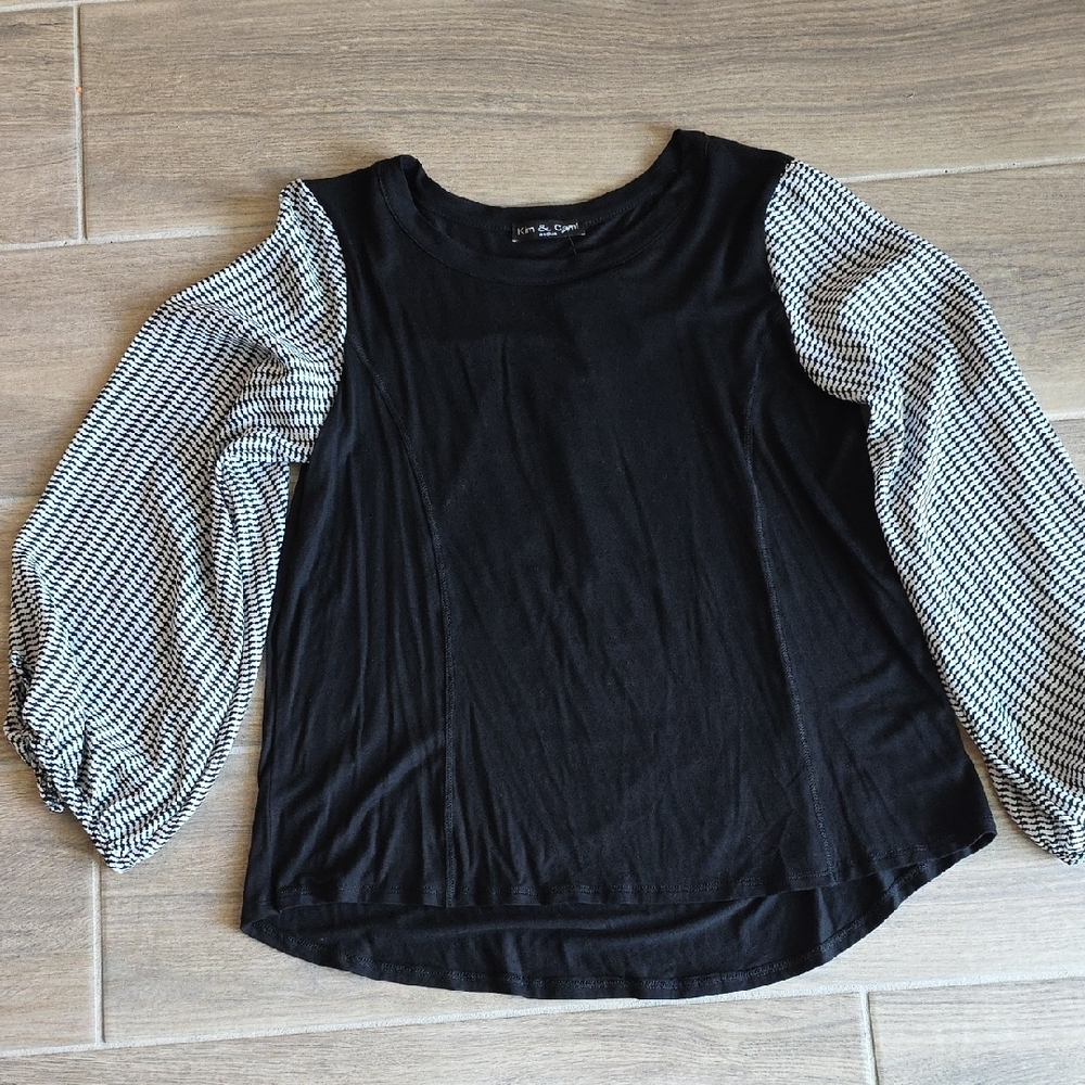 Love Tree Black Top with Patterned Sleeves